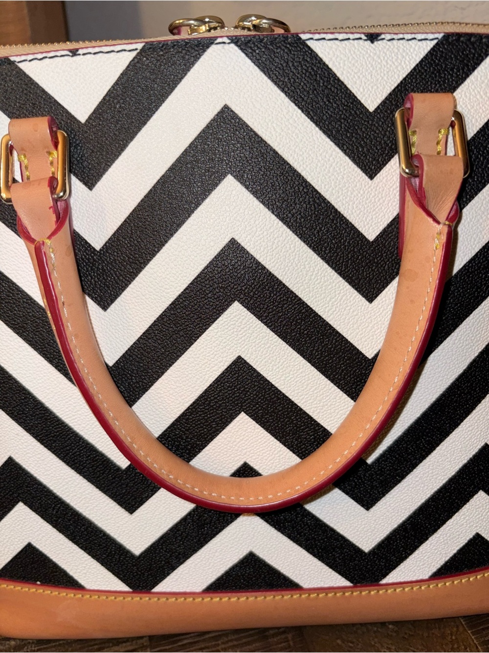 Dooney & Bourke Black and White Chevron Satchel with Tan Trim - Picture 8 of 12